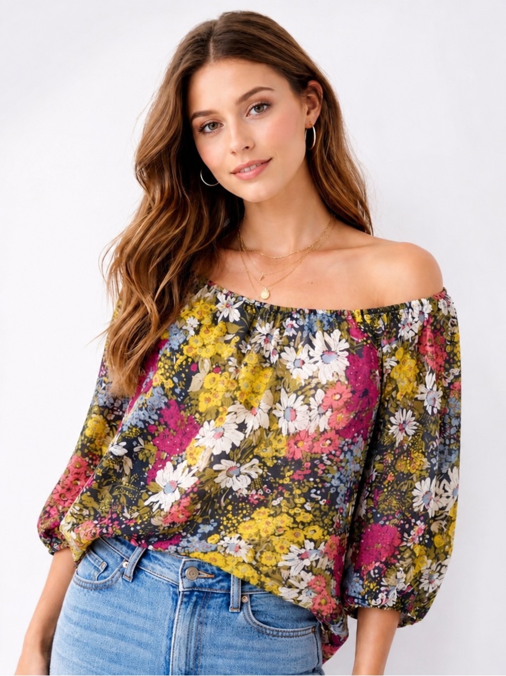 Anthro Silk Floral Peasant Blouse M Boho Off Shoulder Acme & Esyllte